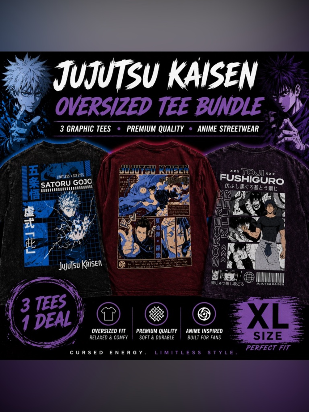 Jujutsu Kaisen Tee Bundle XL Oversized Anime Graphic Shirts 3 Pack